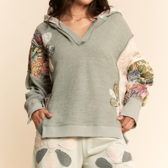DAVI & DANI Sweaters - DD2268–DAVI & DANI Sage Floral Patchwork Waffle Knit Sweater